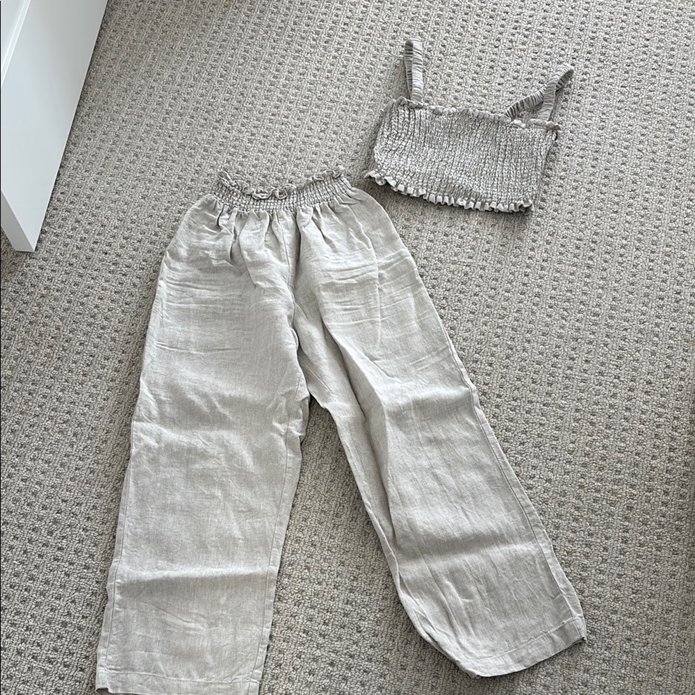 Reformation Smocked Linen Crop Tank in Light Taupe